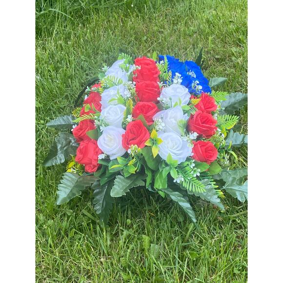 Patriotic Red White Blue Rose Flag Memorial Floral Arrangement Grave Decor - Picture 5 of 6